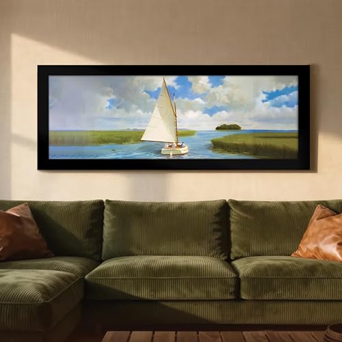 Image of PAINTINGMANTRA Swamp Area with Sailboat Landscape Wall Art Framed Luxury Paintings for Home Decoration, Living room, Bedroom and Office Decoration (99x38 CM)