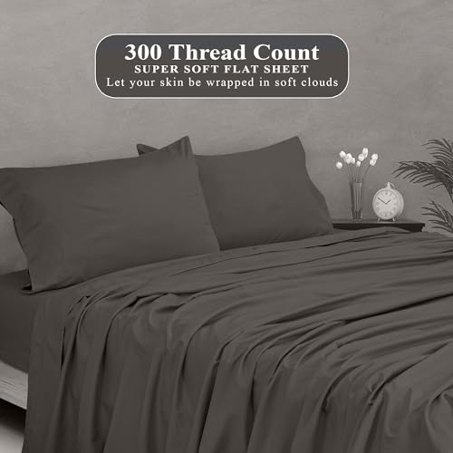 Image of Royale Linens 300 Thread Count 100% Long Staple Combed Cotton Flat Sheet - Super Soft - Top Sheets - Twin Flat Sheet Sold Separately - Breathable, Cool & Crisp Percale Sheets Only (Twin, Grey)