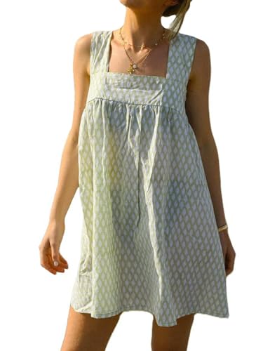 Image of Women Floral Tie Shoulder Mini Dress Cute Square Neck Loose Fit Beach Short Dress Backless Boho Vocation Sundress