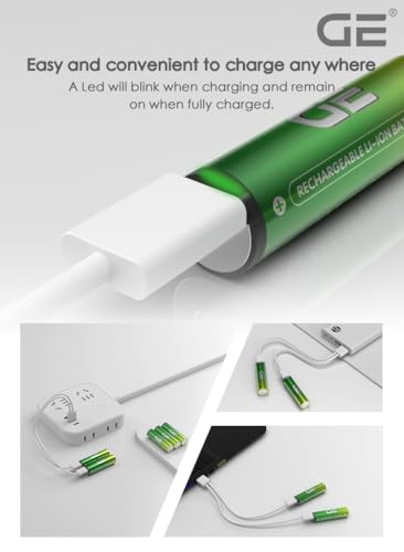 Image of GE AA rechargeable batteries (Lithium 1.5V - 2500 mWh) - in 2025 | Fast Charge (Direct USB‑C + Wireless) | pack of 4 batteries | 10 years of life and 1,500+ recharges