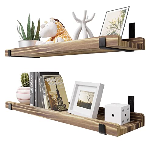 Pine Natural Wood Floating Shelves With Lip, 24 Inches Long Reclaimed Wood Floating Shelves Wall Storage, Set Of 2 U-Shaped Wooden Floating Shelf For Living Room, Bedroom, Kitchen, Carbonized Black. #TOP2