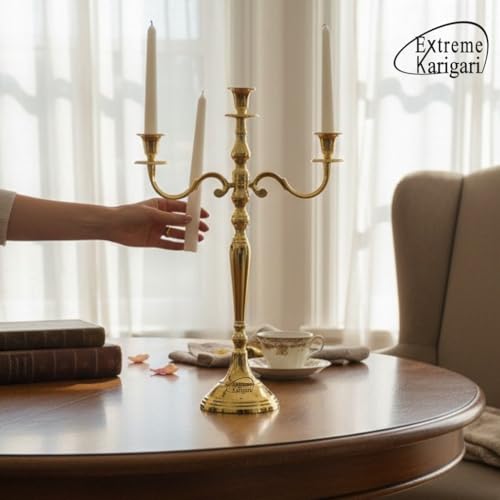 Image of Decorative Aluminum Brass Gold Plated Three Arm Candelstick Holder Stand for Dinning Table | Centerpiece Decor | Wedding Gift |