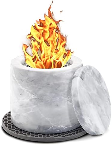 Royxen Tabletop Fire Pit with Lid Natural Marble Rubbing Alcohol Fireplace with Silicon Mat for Indoor Outdoor Fire Bowl, White Marble