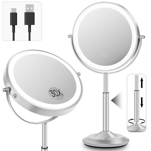 Makeup Mirror with Lights, 1X/30X Lighted Magnifying Mirror Height Adjustable, 3000mAh Rechargeable Double Sided Vanity Mirrors with 3 LED Lighting and Adjustable Brightness for Desk Women Gift