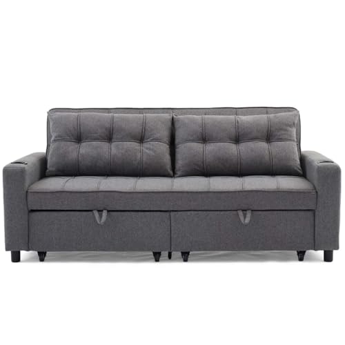 More4Homes HUDSON 3-SEATER SOFA BED LINEN FABRIC WITH CUP HOLDERS GREY - Image 3