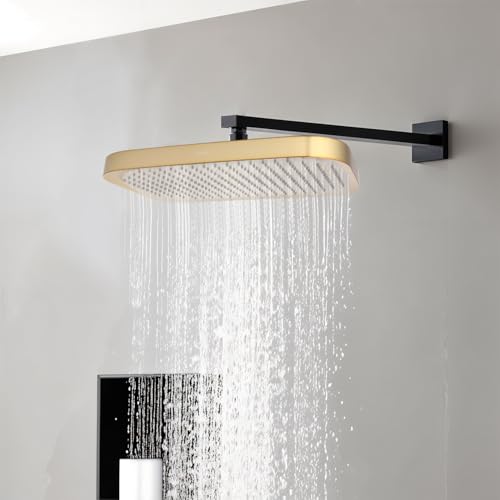 Image of Ruhe Horizon Overhead Shower (15 x 10 Inches) | Rainfall Showerhead | Easy Install | Luxury Spa Experience, Brushed Gold Finish