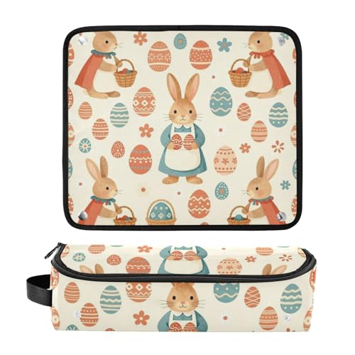 Estuche de viaje 2 en 1 para plancha y rizador con tapete resistente al calor y organizador de accesorios para herramientas de peinado, diseño con estampado de conejito de Pascua y huevos miniatura 3
