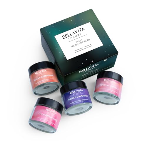 Bella Vita Organic Aroma Candles Set of 4 Scented Aromatic Fragrance of Vanilla, Cinnamon, Lavender & Rose for Gifting & Home, 60 Gms Each,Up to 15 Hours Burn Time
