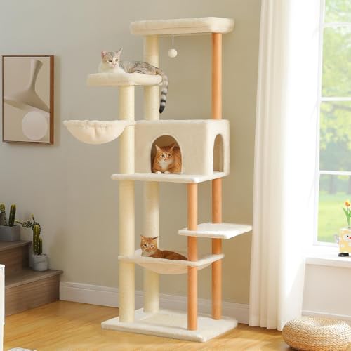 PAWZ-Road-Large-Cat-Tree-73-Inches-Tall-Wooden-Cat-Tower-with-2-Spacious-Hammocks2-Big-Top-Beds8-Fully-Scratching-Posts-and-Natural-Wood-Posts-Multi-Cat-Tree-for-Indoor-Cats-Large-Adult-XL PAWZ Road Large Cat Tree, 73 Inches Tall Wooden Cat Tower with 2 Spacious Hammocks,2 Big Top Beds,8 Fully Scratching Posts and Natural Wood Posts, Multi Cat Tree for Indoor Cats Large Adult-XL - Image 1