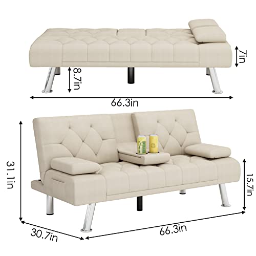 Itusut Upholstered Futon Sofa Bed, Convertible Folding Sleeper Couch For Apartment, Dorm, 2 Cupholders, Wood Frame And Easy Assembly, Cream Beige #TOP4
