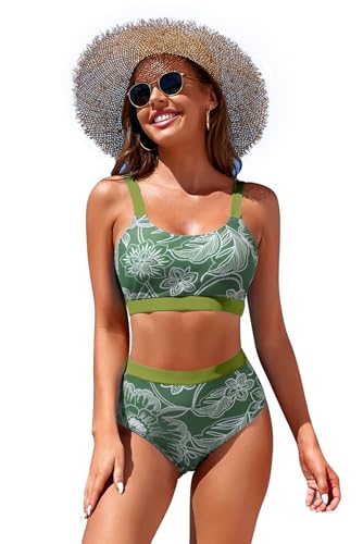 Image of Womens High Waisted Bikini Sets Sporty Crop Top Color Block Swimwear Bandeau Scoop Neck Vintage Two Piece Bathing Suits