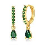 Emerald Huggie Drop Earrings for Women Gold 18K Real Plated Simulated Emerald Green Dangle Huggie Ea