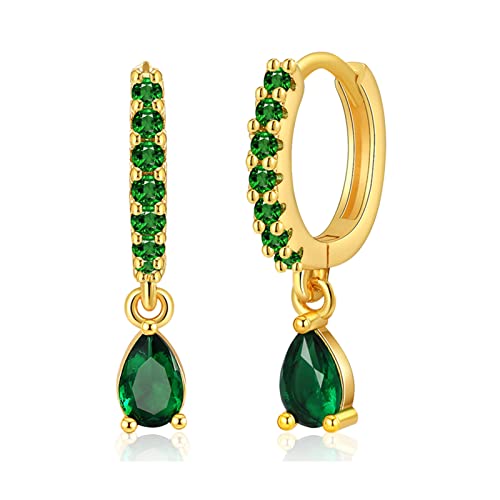 Emerald Huggie Drop Earrings For Women Gold 18K Real Plated Simulated Emerald Green Dangle Huggie Earrings Christmas Birthday Jewelry Gifts For Women Girls #TOP5