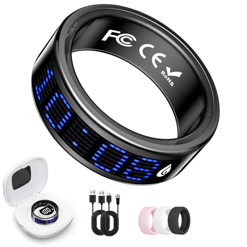 Smart Ring for Women & Men, Fitness & Health Tracker with Display Screen, IP68 Waterproof Smart Rings for Health Monitoring, Fitness Tracker Ring with Call Notification, No App Fees (Black, 9#) by wepmous - Used condition - US$33.75