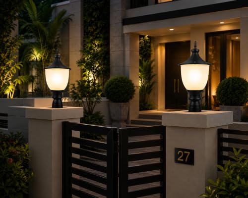 Image of SINOMAN Outdoor Gate Pillar Light | Metal & PVC Waterproof Post Lamp | Black Decorative Outdoor Garden Light for Boundary Wall, Entrance Gate, Balcony, Terrace & Villa(Without Bulb)