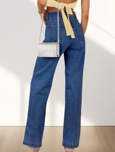 Jeans Damen Weites Bein High Waist Stretch Doppelknopfverschluss Vintage Loose Fit Jeans Weites Bein Denim – Bild 3