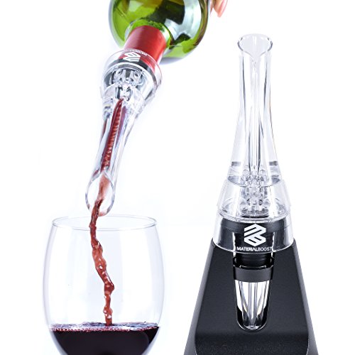 Wine Aerator Pourer with Stand and Wine Vacuum Stopper Set Material Boost- White and Red Wine Decanter Aeration for Wine Bottles Premium Aerating Pourer, Luxury Package Set (Black)