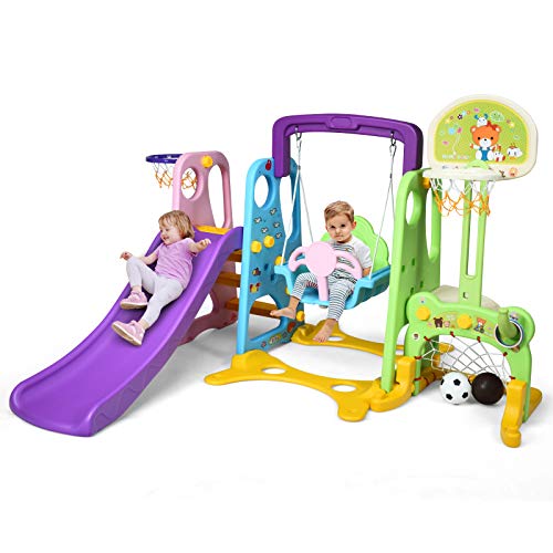 DREAMADE 6 en 1 Toboggan pour Enfants 3-8 Ans avec Balançoire & Panier de Basketball, Aire de Jeux avec But de Football & Jeu d’Anneaux, Divertissements...