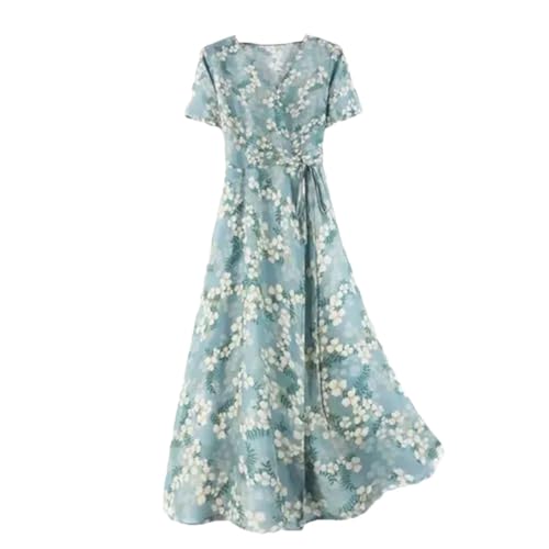 Damen Temperament Seidenkleid, kurzärmelig, Seide, mittellang, Wickelkleid, Bedruckt, L