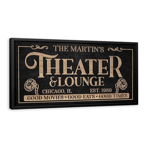 AWESOMETIK Personalized MODERN Theater Sign Canvas Wall Decor with Custom Family Name Vintage, Custom Movie Theater Room, Entertainment Hall Living Room Lounge