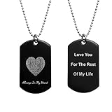 Stainless Steel Personalized Medallions Forever in my Heart Fingerprint Pendant Necklace + Text Engraving Custom Dog Tag Chain 24'' - Handmade Love Note Memorial Keepsake Gift