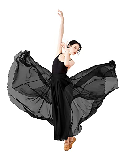 Paotit Women's Lyrical Dance Skirt Long Sheer Swing Wrap Skirt Modern Ballet Costumes For Performance Black #TOP1