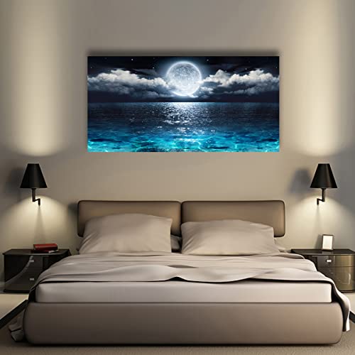 Image of Wall Art Moon Sea Ocean Landscape Picture Canvas Wall Art Print Paintings Modern Artwork for Living Room Wall Decor and Home Decor Framed Ready to Hang,28x57inches,1inch Thick Frame,Waterproof Artwork