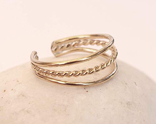 14K Gold Plated Over 925 Sterling Silve Qualityr Toe Ring/Knuckle Ring - Triple Twist And Plain Bands | Small Adjustable Dainty Handmade By Miya Jewelry Creations #TOP4