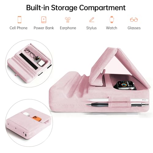 Image of Tablet Pillow Stand with Storage, Foldable iPad Holder for Lep, Bed, Sofa, and Desk - Soft Pad Dock with Pocket and Stylus Mount Compatible with 4-13 inch iPad Pro /Air /Mini, Galaxy Tab, Kindle (Purple)