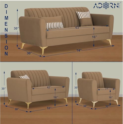 Image of Adorn India Premium Luster 3-2-1 Sofa Set | Velvet Suede Fabric | 3-Year Warranty | Color Camel with Golden Legs & Striped Pattern Cushion