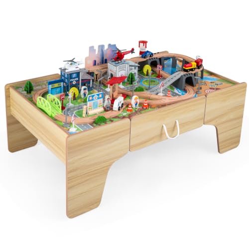 Image of Costzon 110-Piece Wooden Train Table with Drawer for 3+ Years Old Toddlers | 3-in-1 Kids Activity Play Set w / Reversible Tabletop, Storage Space, Train Tracks, Figures, Vehicles, and Buildings