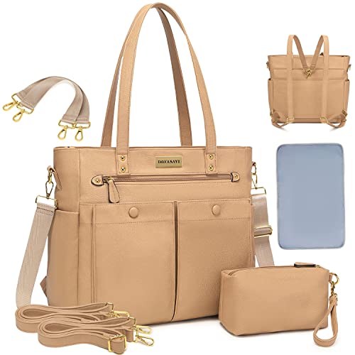Image of DOFASAYI Leather Diaper Bag Backpack for Mom and Dad, Leather Diaper Bag Tote with Cosmetic Bag, Changing Pad, Messenger Strap, Stroller Hook, Beige