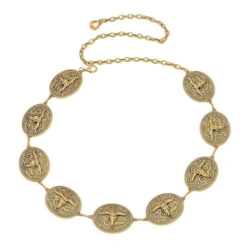 Girouette Vintage Western Cowgirl Chain Belt with Bull Head Medallion - Antique Gold Tone Accessory for Rodeo, Country Music Concerts & Western Theme Parties