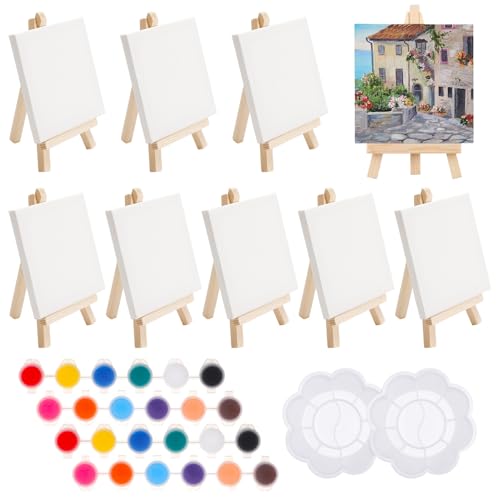 Halinuia 8 Stück Mini Leinwand mit Staffelei mit Acrylfarben & 2 Malpaletten Kreativset für Kinder Partyzeichnungen Tischkunst & Bastelbedarf