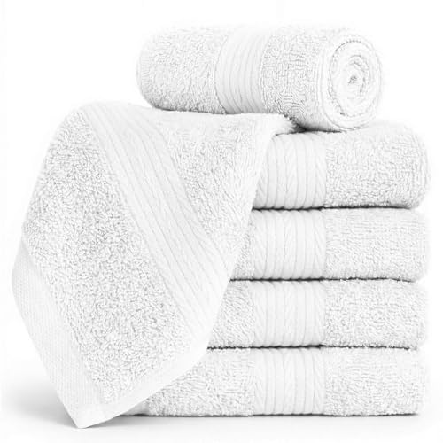 Ample Decor 100% Cotton Washcloths 12x12 Inches, 600 GSM, Soft & Absorbent, Durable, Set of 5, White