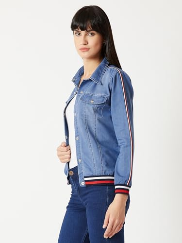 Image of Miss Chase Women's Polo Neck Full Sleeves Patch Pocket Denim Overcoat Knee-Length Jacket