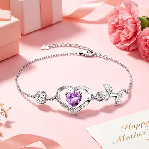 Image of 1CT Rose Heart Bracelet Moissanite Lab-Grown Sapphire Ruby Emerald&More 18K White Rose Gold Plated Anniversary Birthday Gift for Wife Girlfriend Mom Daughter Mothers Day Gift for Mom