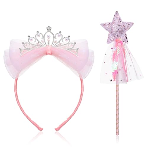 ZEYIYER Pink Fairy Wand Pink Princess Star Wand and Princess Crown Elegant Glitter Angel Star Wands Sticks for Easter Halloween Christmas Birthday Party Costume Props Supplies