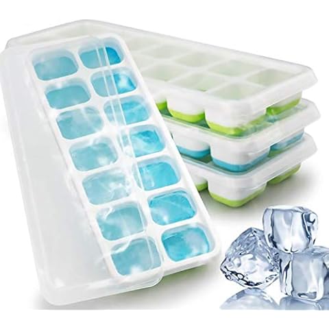 Ice Cube Trays 4 Pack Ice Trays Easy Release Silicone and Flexible 14-Ice Tray with Spill-Resistant Removable Lid BPA Free Dishwasher Safe Stackable Durable (Strengthen) Cover