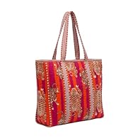 HANDCRAFTED DESIGN: Beautiful quilted cotton tote bag featuring vibrant tiger print pattern with traditional kantha stitching on bright orange background SPACIOUS DIMENSIONS: Measures 37 cm x 43 cm x 15 cm with one main compartment, perfect for daily...