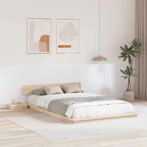 vidaXL Cama en el Suelo con Mesas Laterales Natural 135X190Cm Madera Maciza Diseño Integrado Almacenamiento Muebles de Dormitorio Adultos Estilo Japonés Plataforma Cabecero Elegante