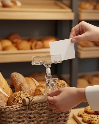 60 Stück Kunststoff Drehbare Schilderhalter: Transparente Display Clips drehbar für Preisschilder Obstkörbe Bäckerei Supermärkte Boutiquen Ladenbesitzer
