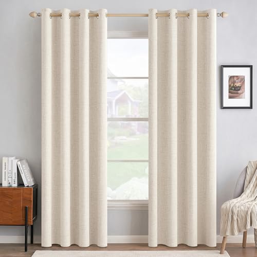 Image of MIULEE 100% Blackout Linen Textured Curtains for Bedroom Solid Thermal Insulated Cream Beige Grommet Room Darkening Curtains & Drapes Luxury Decor for Living Room 52 x 84 Inch (2 Panels)