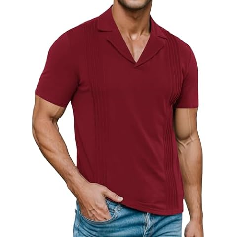 Poriff Polo Muscle Shirts for Men Slim Fit Casual Short Sleeve Work Tshirt Casual Stylish Golf Shirts Cotton Collar Fitted Tshirts Wine Red S Cover