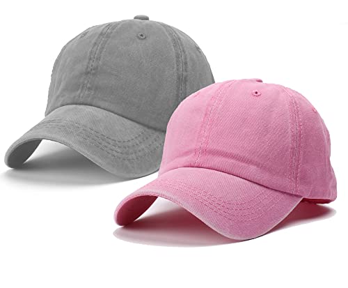 Distressed-Washed-Cotton Solid-Baseball-Caps Kids-Toddler Sun-Protection-Hats for 2-8 Years Baby-Boys (Grey + Pink, 18.9-20.5