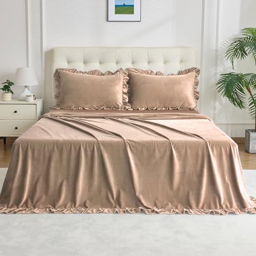 Image of Velvet Plush Flannel Sheet Set - Queen Size 4-Piece - Ruffled Edge Design, 16 Inch Deep Pocket, Anti-Pilling & Fade Resistant - 220 GSM Breathable Luxury All-Season Bedding, Khaki