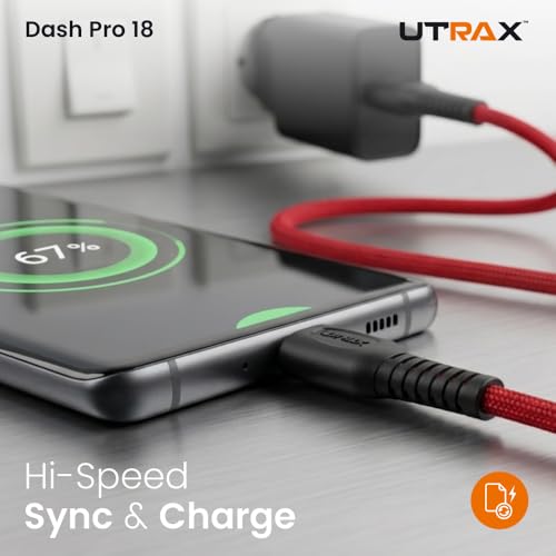 Image of UTRAX 65W USB A to Type C Fast Charging Cable, Unbreakable Nylon Braided, Multi Protocol Support, Copper Connector, Fast Charge & Data Sync for Android Smartphones, Tablets (Red)
