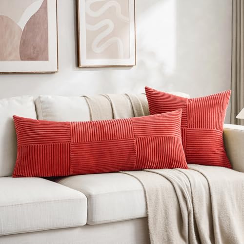Image of Fancy Homi 2 Packs Red Decorative Throw Pillow Covers 18x18 Inch for Living Room Couch Bed Sofa, Rustic Boho Farmhouse Home Decor, Soft Corss Corduroy Patchwork Textured Square Cushion Case 45x45 cm