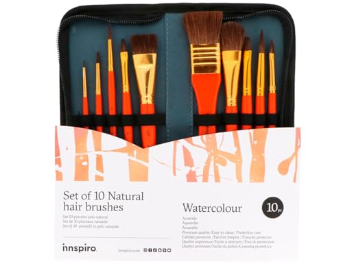 INNSPIRO Set 10 Pinceles Pelo Natural para Artistas con Estuche, para acrílica, Acuarela, Gouache, óleo, Ideal para principantes y Profesionales