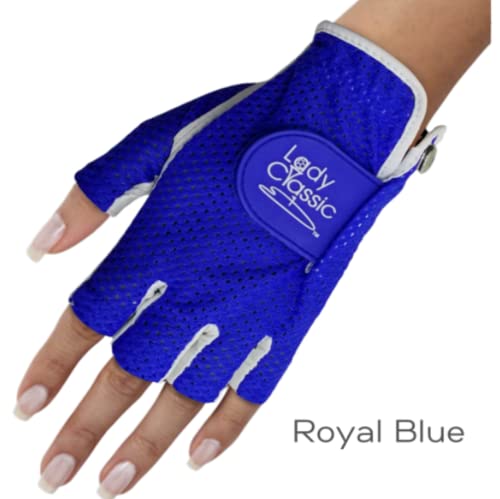 Lady Classic Copper Tech Cabretta Womens Solar Half 1/2 Finger Copper Infused Technology Golf Glove - Left Hand, Royal Blue & White, Large (Clh03Wtrb) #TOP2